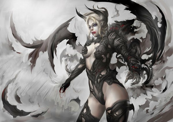 Anime picture 1024x724 with original narongchai singhapand single blonde hair horn (horns) aqua eyes demon girl vampire demon girl wings blood claws