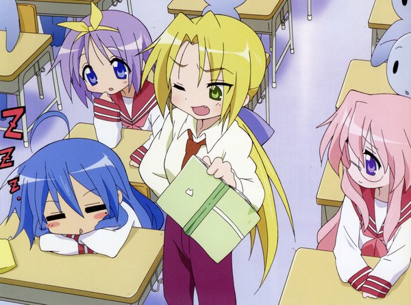 Anime picture 2309x1720 with lucky star kyoto animation izumi konata hiiragi tsukasa takara miyuki highres sleeping girl ribbon (ribbons) serafuku nanako kuroi