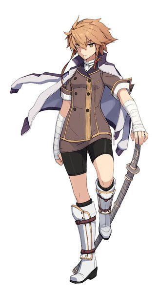 Anime picture 615x1129 with toji no miko shidou maki (toji no miko) shizuma yoshinori single tall image fringe short hair simple background hair between eyes brown hair white background brown eyes full body bent knee (knees) official art clothes on shoulders sheathed girl weapon sword