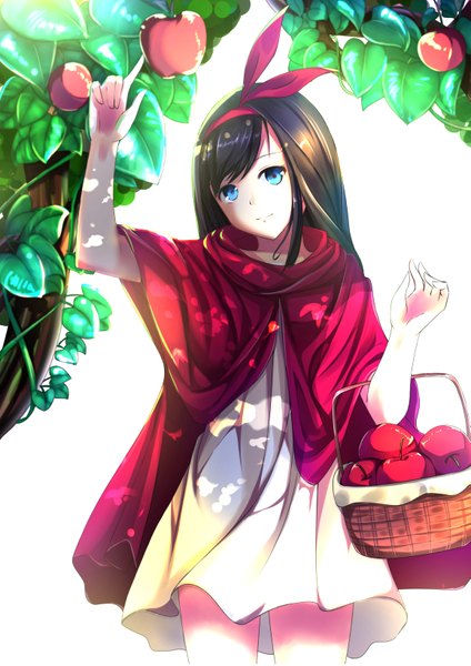 Anime picture 1157x1637 with original yan (nicknikg) single long hair tall image looking at viewer blue eyes smile brown hair standing white background holding light smile girl dress headband cape sundress fruit apple