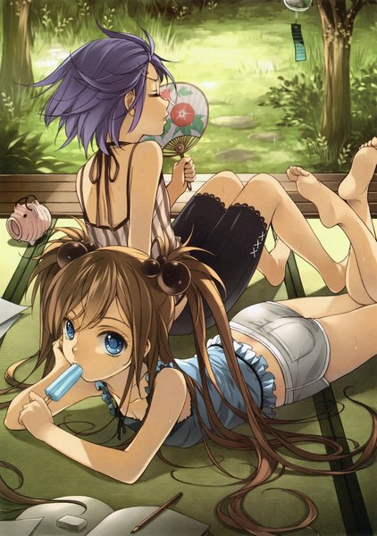 Anime picture 2805x3987 with original ryou (kimagure) long hair tall image looking at viewer highres short hair open mouth blue eyes brown hair twintails bare shoulders multiple girls purple hair ass profile barefoot wind legs on stomach