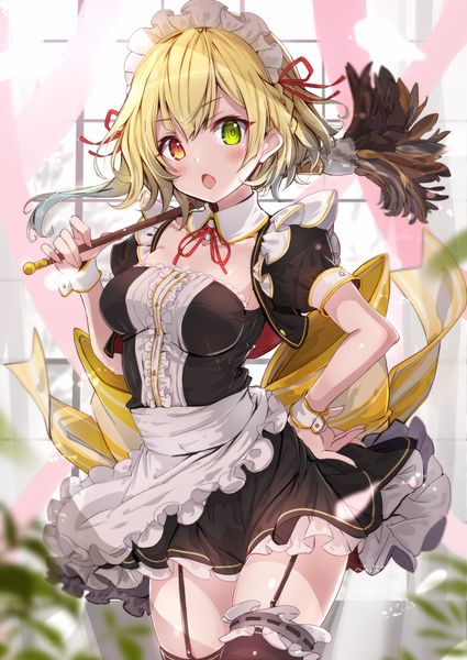 Anime picture 1062x1500 with shironeko project charlotte (shironeko project) fuku kitsune (fuku fox) single tall image looking at viewer blush fringe short hair breasts open mouth blonde hair hair between eyes standing holding green eyes payot indoors :o short sleeves