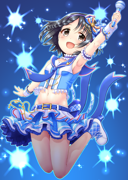Anime picture 1003x1416 with idolmaster idolmaster cinderella girls sasaki chie regular mow single tall image blush short hair open mouth black hair full body :d arm up black eyes armpit (armpits) midriff looking up jumping sailor collar step to the future