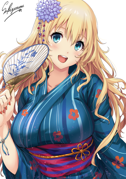 Anime picture 800x1131 with kantai collection atago heavy cruiser sakiyamama single long hair tall image looking at viewer blush fringe breasts open mouth simple background blonde hair smile hair between eyes large breasts white background holding signed upper body
