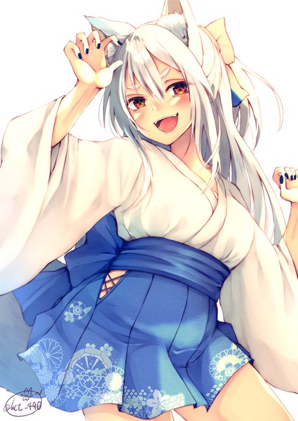 Anime picture 1417x2000 with original chita (ketchup) single long hair tall image looking at viewer blush fringe open mouth simple background hair between eyes white background brown eyes signed animal ears payot white hair ponytail tail nail polish