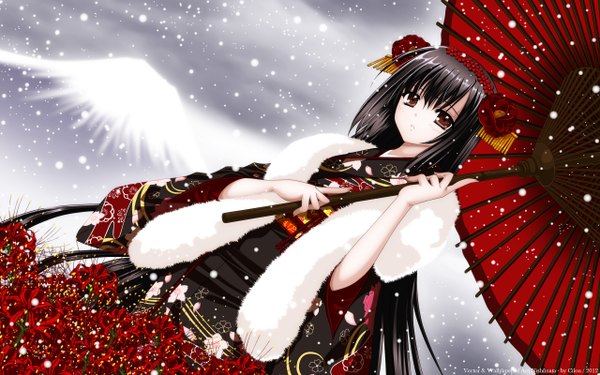 Anime picture 2560x1600 with nishimata aoi single looking at viewer fringe highres wide image holding brown eyes sky cloud (clouds) very long hair traditional clothes japanese clothes hair flower dutch angle snowing winter snow girl hair ornament