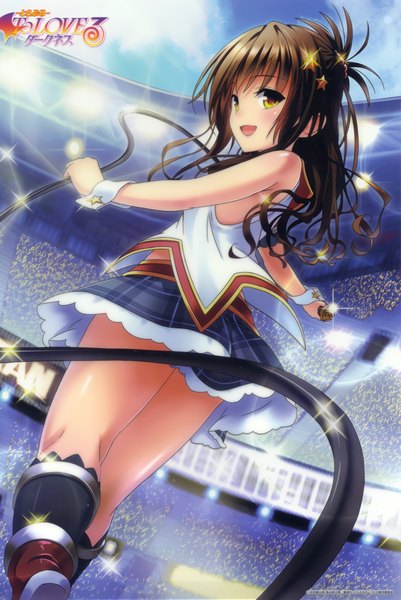 Anime picture 2649x3957 with toloveru toloveru darkness xebec yuuki mikan single long hair tall image blush highres open mouth brown hair yellow eyes looking away scan official art girl skirt hair ornament miniskirt socks