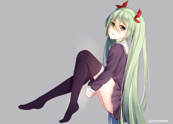 Anime picture 1240x896 with vocaloid hatsune miku avrytheist single long hair open mouth simple background smile twintails bent knee (knees) pleated skirt aqua eyes aqua hair grey background no shoes girl thighhighs skirt uniform black thighhighs