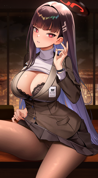 Anime picture 2090x3780 with blue archive rio (blue archive) pantheon eve single long hair tall image looking at viewer blush fringe highres breasts light erotic black hair red eyes large breasts sitting indoors blunt bangs long sleeves parted lips