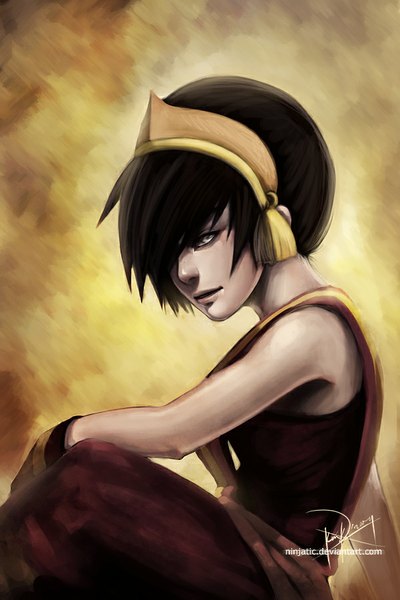 Anime picture 600x900 with avatar: the last airbender nickelodeon toph beifong ninjatic single tall image looking at viewer fringe short hair black hair simple background sitting bare shoulders traditional clothes light smile girl headband