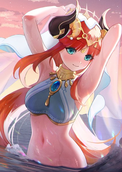 Anime picture 1447x2039 with genshin impact nilou (genshin impact) tatsunokodragon single long hair tall image blush fringe breasts light erotic smile standing twintails sky cloud (clouds) outdoors red hair blunt bangs head tilt horn (horns)