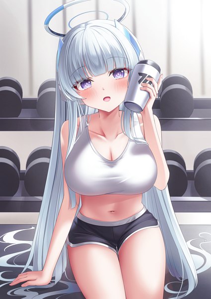 Anime picture 5016x7082 with blue archive noa (blue archive) riri yo single tall image looking at viewer blush fringe highres breasts open mouth light erotic large breasts sitting purple eyes holding absurdres silver hair indoors blunt bangs