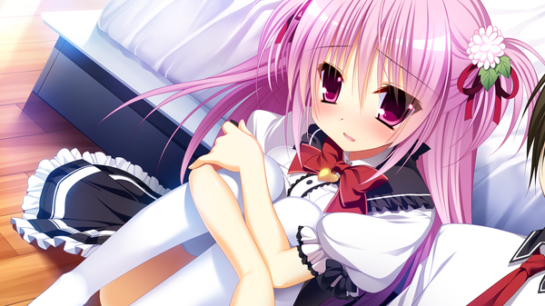 Anime picture 2560x1440 with innocent girl midou konoka nanaka mai long hair looking at viewer blush highres wide image pink hair game cg pink eyes girl thighhighs dress hair ornament white thighhighs bowtie