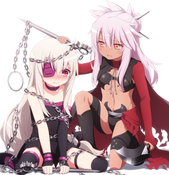 Anime picture 873x900 with fate (series) fate/kaleid liner prisma illya illyasviel von einzbern kuro (fate/kaleid liner) haribote (tarao) long hair tall image blush light erotic simple background red eyes white background sitting multiple girls yellow eyes pink hair white hair parted lips sweat embarrassed