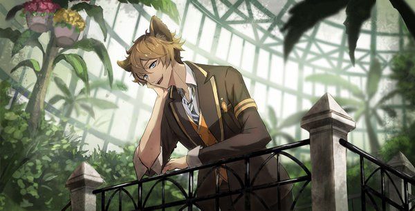 Anime picture 1528x781 with twisted wonderland ruggie bucchi touchika single fringe short hair blue eyes hair between eyes brown hair wide image animal ears indoors head rest boy plant (plants) tree (trees) palm tree railing armband greenhouse