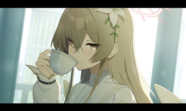 Anime picture 2427x1454 with blue archive nagisa (blue archive) ohihil single long hair fringe highres hair between eyes brown hair wide image yellow eyes upper body hair flower letterboxed drinking girl flower (flowers) halo cup teacup