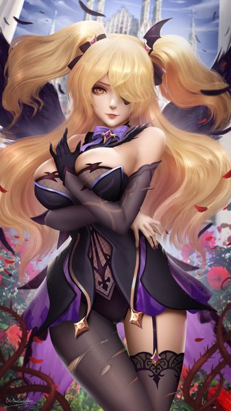 Anime picture 3080x5476 with genshin impact fischl (genshin impact) turewindwalker single long hair tall image looking at viewer fringe highres breasts open mouth light erotic blonde hair large breasts standing signed yellow eyes absurdres outdoors nail polish
