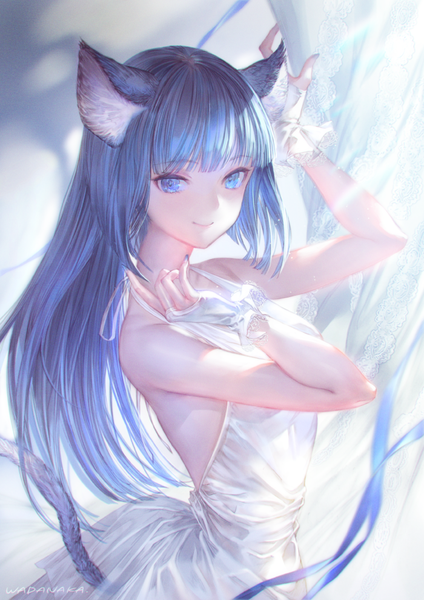 Anime picture 700x990 with original wadanaka single long hair tall image looking at viewer blush fringe blue eyes smile standing signed animal ears blue hair tail blunt bangs nail polish animal tail fingernails cat ears