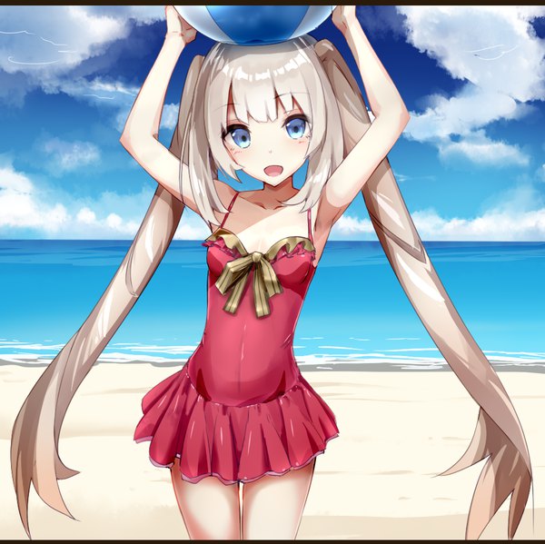 Anime picture 1081x1080 with fate (series) fate/grand order marie antoinette (fate/grand order) marie antoinette (swimsuit caster) (fate) tenrai single long hair looking at viewer blush fringe breasts open mouth blue eyes light erotic smile brown hair standing twintails bare shoulders holding