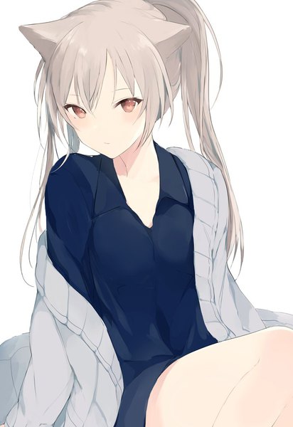 Anime picture 700x1019 with original lpip single long hair tall image looking at viewer blush fringe simple background hair between eyes white background brown eyes animal ears cleavage ponytail head tilt grey hair cat ears girl cardigan