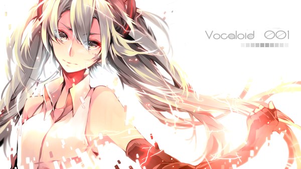 Anime picture 1200x674 with vocaloid hatsune miku youchi-0003 single long hair looking at viewer simple background wide image white background twintails bare shoulders aqua eyes wind aqua hair girl gloves elbow gloves fingerless gloves