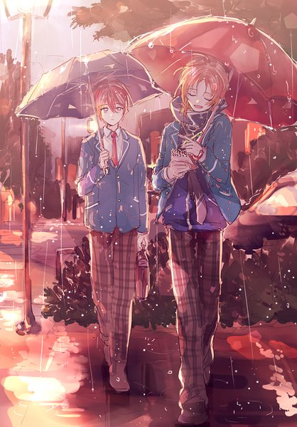 Anime picture 700x1004 with ensemble stars! tsukinaga leo suou tsukasa ahma long hair tall image fringe short hair open mouth hair between eyes purple eyes full body red hair eyes closed orange hair multiple boys rain walking crosswalk boy