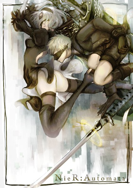 Anime picture 848x1200 with nier nier:automata yorha no. 2 type b yorha no. 9 type s saki (pixiv7355000) tall image short hair light erotic silver hair bent knee (knees) ass profile mole copyright name mole under mouth blindfold girl thighhighs dress boy