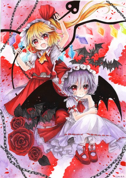 Anime picture 1067x1500 with touhou flandre scarlet remilia scarlet mosho long hair tall image looking at viewer blush short hair open mouth blonde hair smile red eyes sitting multiple girls purple hair one side up siblings bat wings sisters