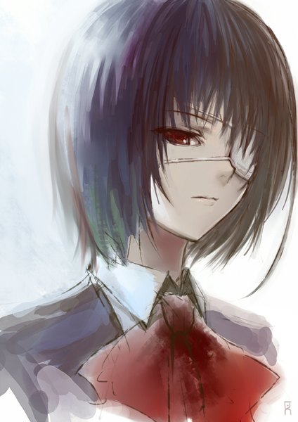 Anime picture 800x1131 with another p.a. works misaki mei charimei single tall image looking at viewer short hair black hair simple background red eyes signed portrait girl uniform school uniform eyepatch
