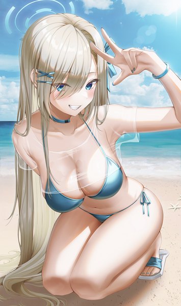 Anime picture 1300x2195 with blue archive asuna (blue archive) wol (wol 927) single long hair tall image looking at viewer blush fringe breasts blue eyes light erotic blonde hair smile large breasts sky cloud (clouds) full body outdoors nail polish