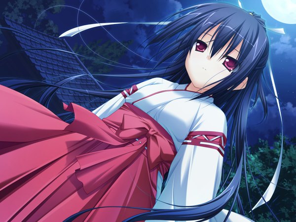 Anime picture 1600x1200 with deliverer! (game) tagme (character) single long hair fringe hair between eyes red eyes standing payot blue hair looking away game cg cloud (clouds) outdoors traditional clothes japanese clothes wind night dutch angle night sky