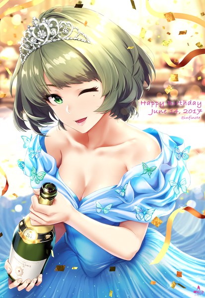 Anime picture 1200x1742 with idolmaster idolmaster cinderella girls takagaki kaede infinote single tall image looking at viewer short hair open mouth brown hair green eyes cleavage one eye closed wink mole mole under eye dated happy birthday girl dress