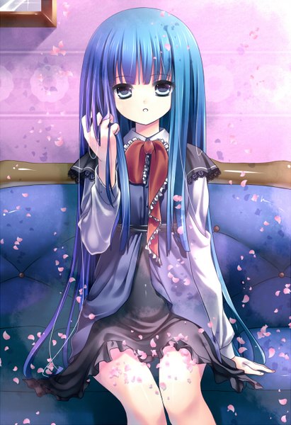 Anime picture 891x1300 with original nametakenoko single long hair tall image looking at viewer blue eyes blue hair girl dress petals couch