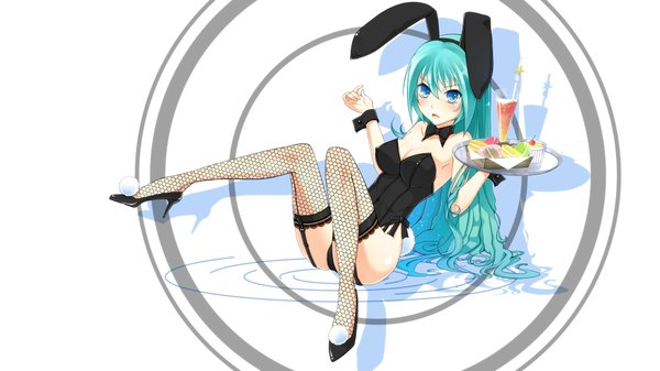 Anime picture 1920x1080 with vocaloid hatsune miku yuragi (amriel) long hair highres open mouth light erotic wide image bare shoulders cleavage aqua eyes aqua hair bunny ears bunny girl bunny tail girl thighhighs food sweets bunnysuit