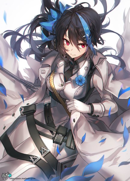 Anime picture 1980x2741 with girls frontline jericho (girls frontline) kyjsogom single long hair tall image blush fringe highres breasts black hair simple background hair between eyes red eyes standing white background signed blue hair looking away multicolored hair