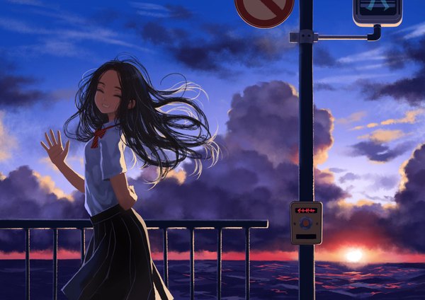 Anime picture 2000x1416 with original kaneni single long hair highres black hair smile standing sky cloud (clouds) eyes closed head tilt arm up short sleeves grin evening sunset arm behind back waving girl