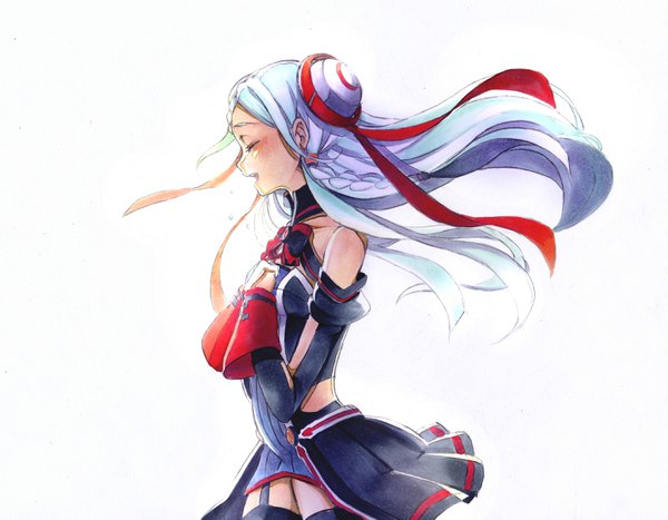 Anime picture 2859x2230 with sword art online sword art online the movie: ordinal scale a-1 pictures yuna (sao) poka (pixiv6794473) single long hair blush highres open mouth simple background white background silver hair braid (braids) eyes closed profile pleated skirt floating hair side braid hands clasped