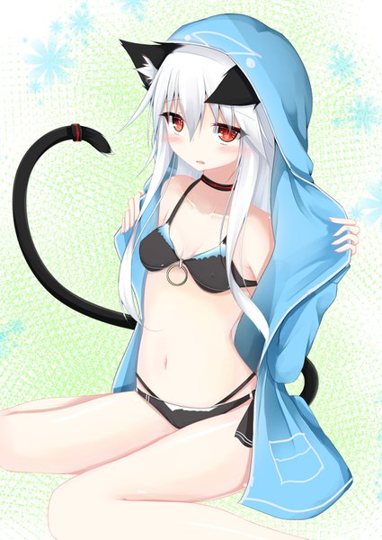 Anime picture 1032x1457 with original masa000010 single long hair tall image blush fringe light erotic hair between eyes red eyes sitting animal ears looking away white hair tail animal tail cat ears cat girl cat tail wariza