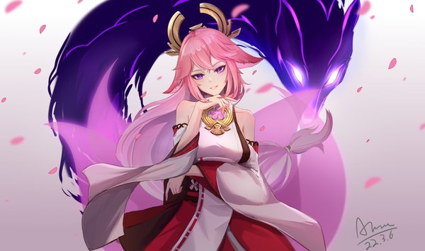 Anime picture 4912x2894 with genshin impact yae miko chiyo akira single long hair looking at viewer fringe highres hair between eyes wide image purple eyes animal ears pink hair absurdres traditional clothes head tilt japanese clothes fox ears dated low ponytail