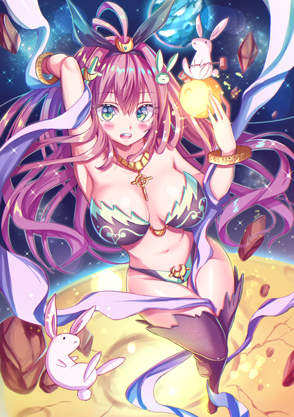 Anime picture 2894x4093 with original tenzeru single long hair tall image looking at viewer blush fringe highres breasts open mouth light erotic smile hair between eyes large breasts holding green eyes pink hair cleavage full body