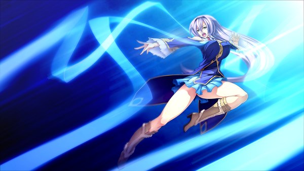 Anime picture 1024x576 with legend seven (game) long hair breasts open mouth light erotic wide image large breasts yellow eyes game cg purple hair girl skirt miniskirt