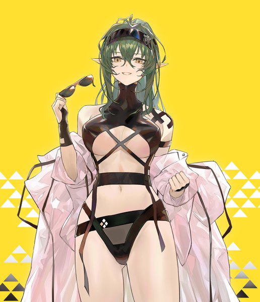 Anime picture 1164x1353 with arknights gavial (arknights) koio single long hair tall image looking at viewer fringe breasts light erotic smile hair between eyes large breasts standing yellow eyes green hair pointy ears official alternate costume sunglasses removed girl