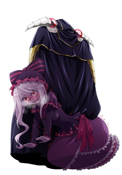 Anime picture 1500x2155 with overlord (maruyama) madhouse shalltear bloodfallen ainz ooal gown so-bin long hair tall image blush fringe open mouth simple background red eyes white background sitting grey hair back eyebrows on all fours lolita fashion goth-loli