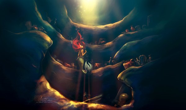 Anime picture 1520x900 with the little mermaid disney ariel alicexz single long hair wide image bare shoulders signed red hair profile light underwater girl mermaid