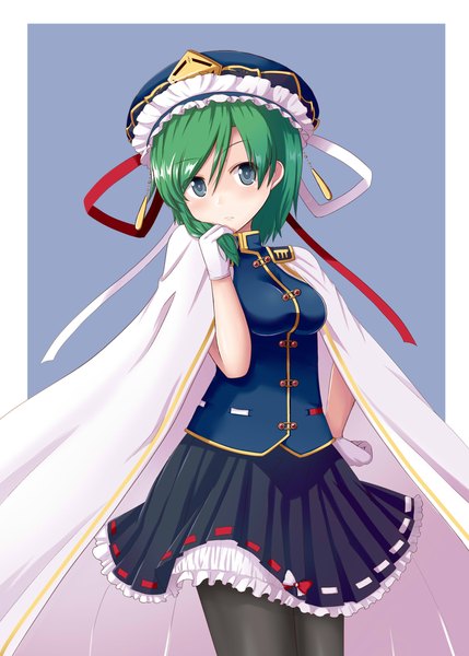 Anime picture 2000x2800 with touhou shikieiki yamaxanadu mono (mono60) single tall image looking at viewer fringe highres short hair breasts hair between eyes holding braid (braids) pleated skirt aqua eyes green hair hand on hip blue background side braid alternate hairstyle