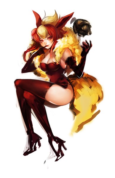 Anime picture 1000x1545 with pokemon pokemon (game) nintendo flareon ippus single tall image looking at viewer blush breasts light erotic simple background smile red eyes large breasts white background bare shoulders animal ears cleavage red hair