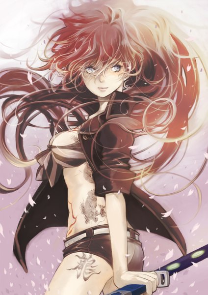Anime picture 1191x1685 with ao no exorcist a-1 pictures kirigakure shura maki-no single long hair tall image red hair very long hair wind grey eyes tattoo girl weapon petals sword jacket shorts