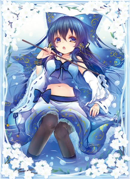 Anime picture 900x1243 with touhou hakurei reimu kuroki mashiro single long hair tall image looking at viewer open mouth brown eyes blue hair alternate color girl dress skirt navel flower (flowers) bow hair bow detached sleeves skirt set