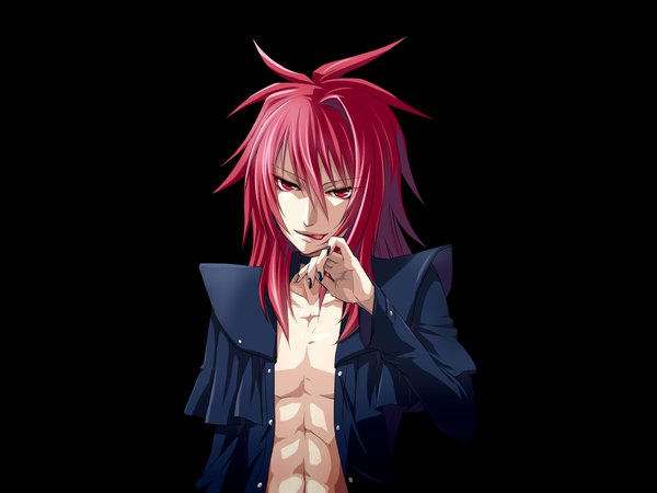 Anime picture 4000x3000 with cardfight!! vanguard suzugamori ren yuu (derodero) single long hair highres simple background red eyes absurdres red hair nail polish open clothes black background boy choker tongue