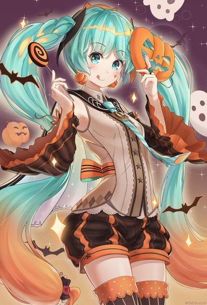 Anime picture 1152x1698 with vocaloid hatsune miku bibboss39 single tall image looking at viewer blush standing twintails holding very long hair multicolored hair aqua eyes orange hair aqua hair wide sleeves two-tone hair alternate costume gradient background facial mark
